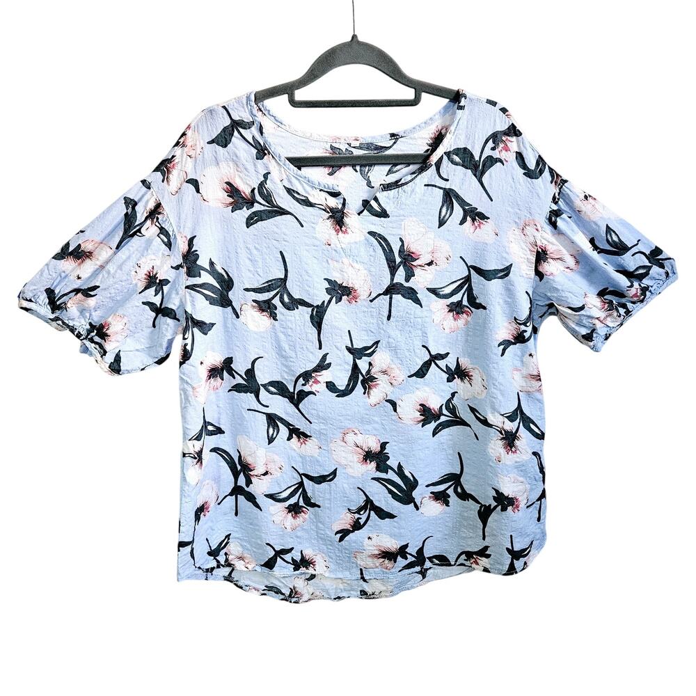 Women's Plus Size 3X Flonce Sleeve Floral Blouse Top Light Pastel Blue Spring